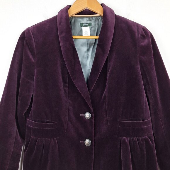 J Crew Velvet Ruched Peplum Back Button Front Blazer, Size 8. Eden Purple Jacket - Picture 2 of 13